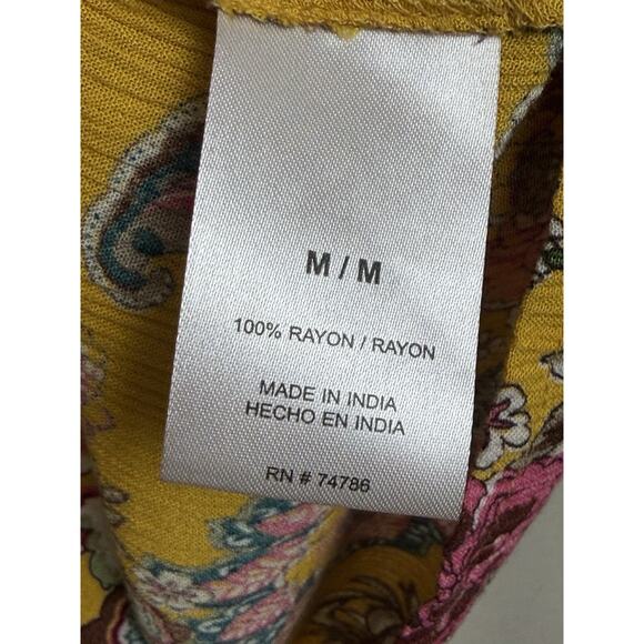 Bila Yellow Floral Blouse Top 3/4 Sleeves Sz M Ruffle Sleeves Tassel Tie - Picture 11 of 12